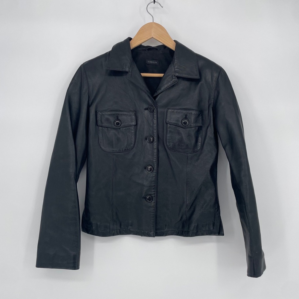 TOMBOLINI Black Real‎ Leather Button Front Jacket Blazer Womens Size 40